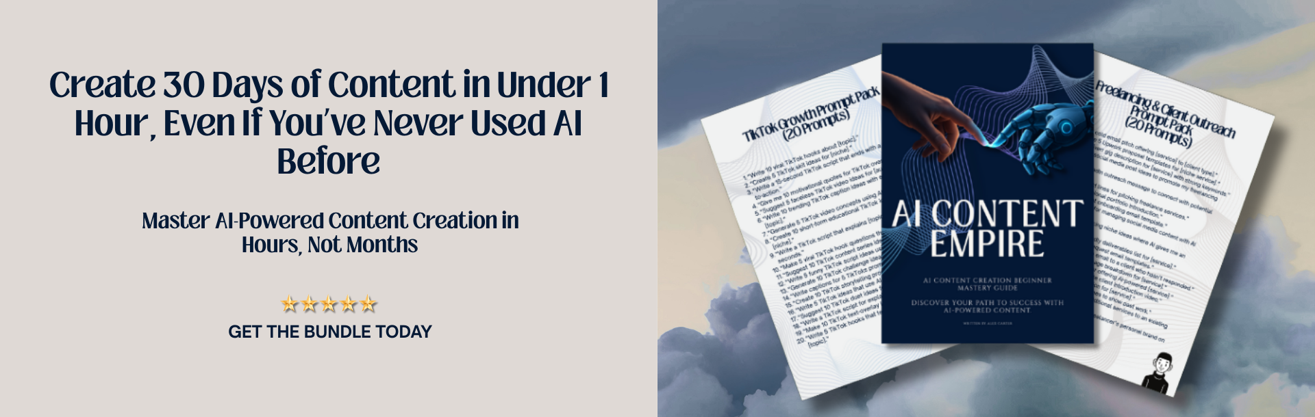 Promotional banner for AI content creation with text and images of a book and document.